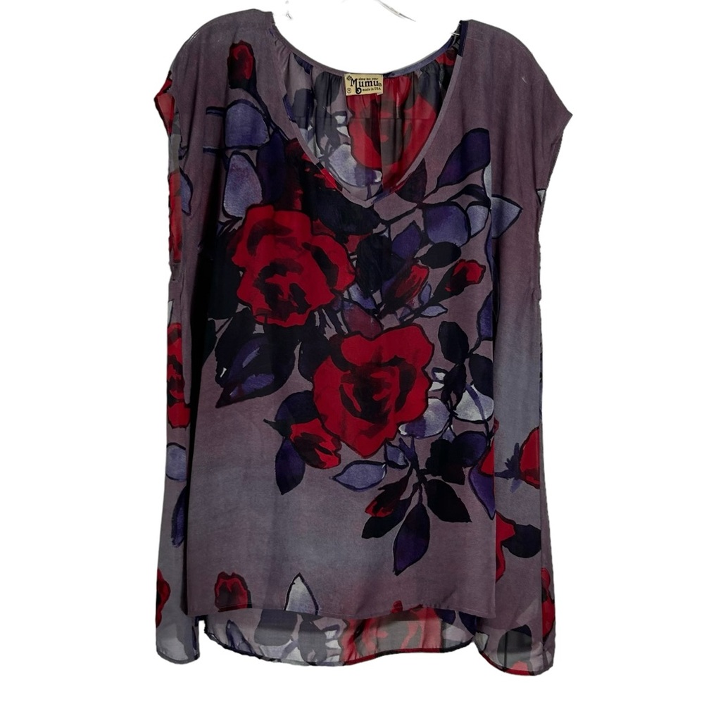 Show Me Your Mumu Women's Purple and Red Rose Sheer Short‎ Tunic in Size M
